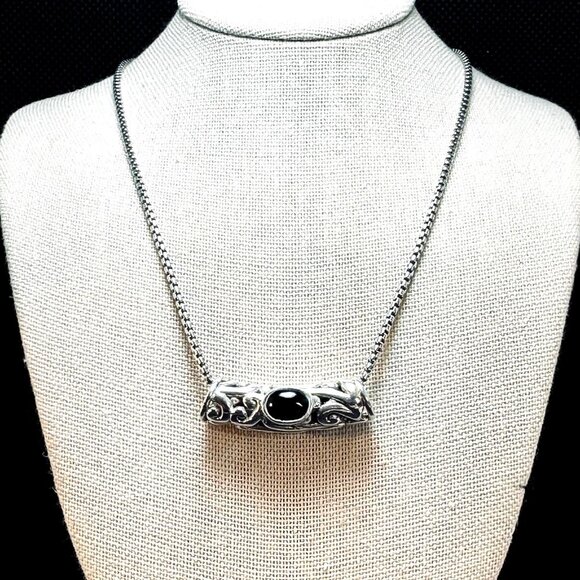 VTG Sterling Silver 925 Black Onyx Bezel Set Slide Pendant Necklace Size 18''